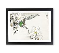 Pipit Bird & White Magnolias By Numata Kashu Asian Japanese Framed Print | A3 Black Framed Wall Art | Ready to Hang | Asian Nature Picture | Living Room Bedroom Lounge Office
