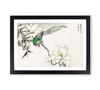 Pipit Bird & White Magnolias by Numata Kashu Framed Print | A2 Black Framed Wall Art | Ready to Hang | Modern Nature Picture | Living Room Bedroom Lounge Office