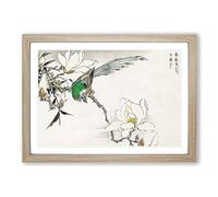 Pipit Bird & White Magnolias by Numata Kashu Framed Print | A2 Oak Framed Wall Art | Ready to Hang | Modern Nature Picture | Living Room Bedroom Lounge Office