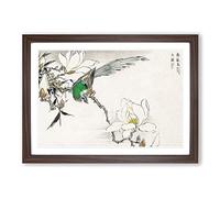 Pipit Bird & White Magnolias by Numata Kashu Framed Print | A2 Walnut Framed Wall Art | Ready to Hang | Modern Nature Picture | Living Room Bedroom Lounge Office