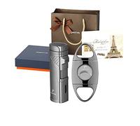 PIPITA 4 Jet Cigar Lighter and Cutter Set, Windproof Cigar Torch Lighter with Punch, Refillable Butane gas Jet Lighters with Nice Gift Box for Him Men (Without Gas)