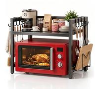 Pippuru Expandable Microwave Shelf, 2 Tier Microwave Stand with 6 Hooks, Air Fryer Shelf Stand, Microwave Oven Rack, Kitchen Countertop Over Microwave Stand Shelf Unit, Bakers Rack