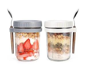 PIQIUQIU Oat Containers, Overnight Oats Jars, with Lid and Spoon, 400 ml Cereal Cups to Go, Yoghurt Cups to Go, Oat Cups, for Milk, Yoghurt Fruits, Pack of 2