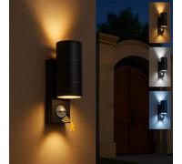 PIR Motion Sensor Outdoor Wall Lights，3CCT GU10 Bulbs IP44 Stainless Steel Up Down Exterior Wall Sconce, Front Door Wall Light, Mains Powered Outside Wall Lights for Garden, Patio,Porch, Garage