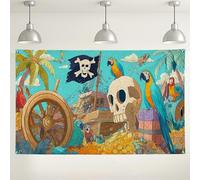 Pirate Adventure Wall Backdrop, Colorful Tropical Skull and Parrots Party Decorations, Fun Indoor/Outdoor Photo Background for Kids Birthday, Summer Themed Celebration 71x43 Inch