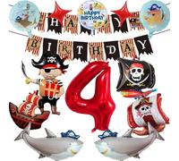 Pirate Balloons Birthday Party, Pirate Birthday Decorations 4 Years, Helium Balloons Animals Ocean Shark Happy Birthday Banner, for Children Birthday Party Decorations (4)