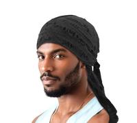 Pirate Bandana Hat Vintage Ragged Skull Cap Breathable Cotton Durag Long Tail Beanie Cap Running Cycling Riding Bandana Head Wrap Under Helmet Liner Medieval Renaissance Pirate Headband Black