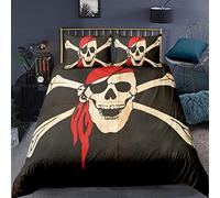 Pirate Bedding Set Double Size Antique Historical Comforter Cover Bones Skull Duvet Cover Set with 2 Pillowcases Soft Microfiber Zipper Decorative Unique Green Vermilion Quilt Cover 3 Pcs Lightweight