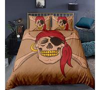 Pirate Bedding Set Double Size Antique Historical Comforter Cover Bones Skull Duvet Cover Set with 2 Pillowcases Soft Microfiber Zipper Decorative Unique Red Yellow Quilt Cover 3 Pcs Lightweight