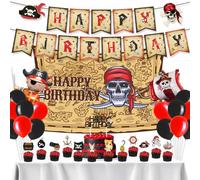Pirate Birthday Party Decoration Pirate Theme Party Kit, Include Happy Birthday Banner, Balloons,Backdrop, Cake Toppers Plugin for Kids Baby Shower Cartoon Theme Party Supplies -45PCS