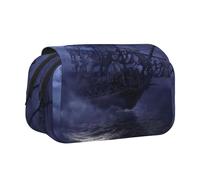 Pirate Boat Full Moon Flip-Top Double-Layer Pencil Case,Large Capacity (Holds 50 Pens/Pencis),Full-Print Durable Polyester School Office Supplies