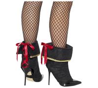 Smiffys Pirate Boot Covers for Women Fancy Dress Accessories Black with Gold Trim and Red Lace Up Back for Halloween or Costume Parties