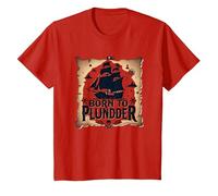 Pirate Boys Born to Plunder Adventurous Treasure Hunt T-Shirt, Kids, Red, 3 Years