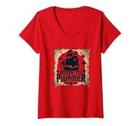 Pirate Boys Born to Plunder Adventurous Treasure Hunt V-Neck T-Shirt, Women, Red, XXL