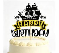 Pirate Cake Topper Happy Birthday Black Yellow Glitter Theme Decor for Kids Nautical Party Decorations Supplies