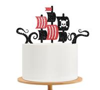 Pirate Cake Topper, Pirate Ship Cake Decor, Black Glitter Octopus Tentacles Skeleton Cake Topper for Baby Shower, Pirate Treasure Themed Birthday Party Decoration