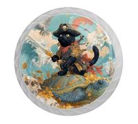 Pirate Cat Pattern 4 PCS Cabinet Knobs, Round Crystal Glass Decoration ABS Material Kitchen Hardware, Furniture Drawer Knobs Cupboard Single Hole Pull Handles