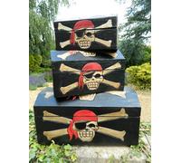Pirate Chest Treasure Chest Wooden Storage Box - Set Of 3 Storage Boxes In Black