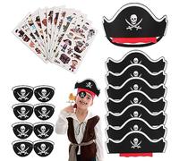 Pirate Children's Birthday Set 8 Pieces Pirate Hat Children 8 Pieces Eye Patch Pirate Felt Eye Mask 10 Pieces Pirate Tattoos Skull Pirate Hat Accessories for Birthday Halloween Masquerade Pirate Party