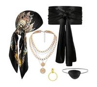 Pirate Costume Accessories, Cosplay Masquerade Outfit Kit, Bandana Necklace Eye Patch Sash, 5 Pieces Black Red Theme for Parties Photoshoots Theater Stage, 35.43x35.43 Inches