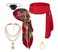 Pirate Costume Accessories, Cosplay Masquerade Outfit Kit, Bandana Necklace Eye Patch Sash, 5 Pieces Black Red Theme for Parties Photoshoots Theater Stage, 35.43x35.43 Inches
