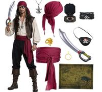 Pirate Costume Accessories for Adults, 10 Piece Unisex Pirate Costume Set | With Head Scarf, Waist Sash, Eye Patch, Toy Sword, Compass, Treasure Map and Jewelry for Halloween Fancy Dress