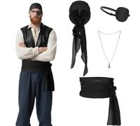 Pirate Costume Accessories Set 4PCS Bandana Sash Belt Head Scarf Eye Patches Pendant Chain for Fancy Dress Role Play Party Accessory Renaissance Medieval Halloween Skeleton Skull Pendant for Women Men