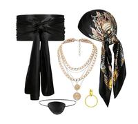 Pirate Costume Accessories Set, 5-Piece Dress-Up Kit Head Scarf, Necklace, Pirate Props, Lightweight Cosplay Supplies, for Masquerade, Photoshoots, Theater, Themed Events, Party Use, 90 x 90 cm Red