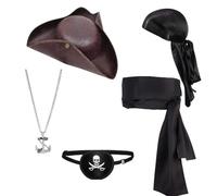 Pirate Costume Accessories Set, 5PCS Pirate Cowboy Hat Fancy Dress Accessories Role Play Outfit with Pirates Hat Bandana Eye Patch Waist Belt Necklace Pirat Outfit Headscarf for Pirates Party(Black)