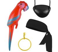 Pirate Costume Accessories Set Inflatable Parrot Pirate Captain Costume Hat Red Black Bandana Head Scarf Inflatable Sword Eye Patch Plastic Hoop Earring for Halloween Cosplay Party Adult Women Men