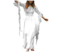 Pirate Costume Adult Women Halloween Vintage Goth Dress Long Sleeve Gothic Victorian Peasant Vampire Off the Shoulder Maxi Costumes Medieval Retro Cosplay Dress, White, S