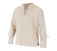 Pirate Costume Collarless Shirts for Men Medieval Dress Knight Men's Linen Shirt Long Sleeve Retro Lace Up Renaissance Tops Scottish Ghillie Viking Clothing Cowboy Grandad Collar Kids c-White L