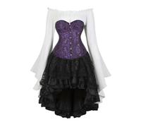 Pirate Costume Corset Set - Vintage Court Brocade Jacquard Corset Dress Set with Bell-Sleeve Shirt & High-Low Steampunk Skirt Gothic Dress Ensemble for Cosplay Themed Parties (Black Purple, XXL)