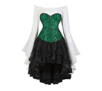 Pirate Costume Corset Set - Vintage Court Brocade Jacquard Corset Dress Set with Bell-Sleeve Shirt & High-Low Steampunk Skirt Gothic Dress Ensemble for Cosplay Themed Parties (Black Green, XXL)