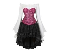 Pirate Costume Corset Set - Vintage Court Brocade Jacquard Corset Dress Set with Bell-Sleeve Shirt & High-Low Steampunk Skirt Gothic Dress Ensemble for Cosplay Themed Parties (Black Rose, XXL)