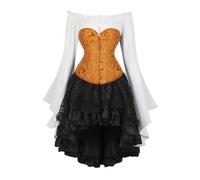 Pirate Costume Corset Set - Vintage Court Brocade Jacquard Corset Dress Set with Bell-Sleeve Shirt & High-Low Steampunk Skirt Gothic Dress Ensemble for Cosplay Themed Parties (Gold, XXL)
