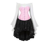 Pirate Costume Corset Set - Vintage Court Brocade Jacquard Corset Dress Set with Bell-Sleeve Shirt & High-Low Steampunk Skirt Gothic Dress Ensemble for Cosplay Themed Parties (Pink, XXL)