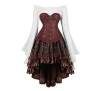 Pirate Costume Corset Set - Vintage Court Brocade Jacquard Corset Dress Set with Bell-Sleeve Shirt & High-Low Steampunk Skirt Gothic Dress Ensemble for Cosplay Themed Parties (Brown, L)