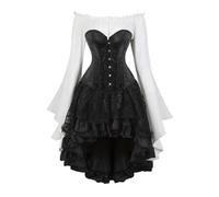 Pirate Costume Corset Set - Vintage Court Brocade Jacquard Corset Dress Set with Bell-Sleeve Shirt & High-Low Steampunk Skirt Gothic Dress Ensemble for Cosplay Themed Parties (Black, XXL)