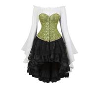 Pirate Costume Corset Set - Vintage Court Brocade Jacquard Corset Dress Set with Bell-Sleeve Shirt & High-Low Steampunk Skirt Gothic Dress Ensemble for Cosplay Themed Parties (Green, XXL)