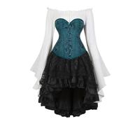 Pirate Costume Corset Set - Vintage Court Brocade Jacquard Corset Dress Set with Bell-Sleeve Shirt & High-Low Steampunk Skirt Gothic Dress Ensemble for Cosplay Themed Parties (Dark Green, 3XL)