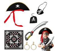Pirate Costume Kids, 7-Piece Pirate Dress Up Set With Headscarf Captain Hat Hook Eye Patch Inflatable Sword Earrings, Themed Birthday Parties Halloween Costume Events School Role Play Activities