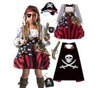 Pirate Costume Kids 7PCS Kids Pirate Costume Set with Pirate Accessories Pirate Hook, Eye Patch, Mask, Pirate Pistol, Cape, Pirate Toys World Book Day Costumes for Boys (Black and Red G, 140)