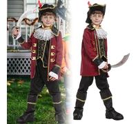 Pirate Costume Kids Boys, 4PCS Captain Pirate Outfit Accessories with Hat Jacket Pants Tops, Child Halloween Fancy Dress Up (X-Large)