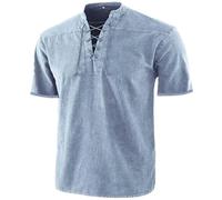 Pirate Costume Kilts for Men Grandad Shirts Green Shirt Loose Fit Drawstring Mandarin Neck Henley Tops Halloween Cosplay Adult Viking Kids 1-Light Blue M