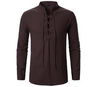 Pirate Costume Men Collarless Shirts for Grandad Mens Kurta Men's Medieval Shirt Ruffled Renaissance Vampire Steampunk Victorian Gothic Linen Dress Knight Coffee-b S