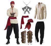 Pirate Costume Men's 7 Pieces Medieval Clothing Men's Set, Men's Renaissance Costume Set with Medieval Trousers Men's Medieval Shirt Viking Pirate Headscarf Belt Wrist Strap Axe Necklace, Men's pirate