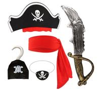 Pirate Costume Set Black Felt Hat Bandana Eyepatch Hook Hand And Cutlass