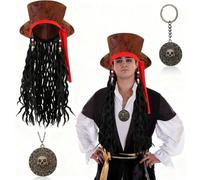 Pirate Costume Set Captain Hat with Dreadlock Wig with Skull Gold Coin Necklace & Keychain Keyring Pirate Accessories for Kids and Adult Medieval Carnival,Halloween Cosplay Party Fancy Dress Costume