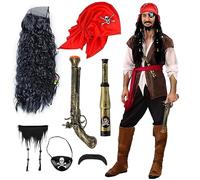 Pirate Costume Set for Adult Men - Accessories Include Wig With Mustache Beard, Hat, Skull Eye Patch, Telescope, Pistol - Halloween Carnival Role Play Dress Up